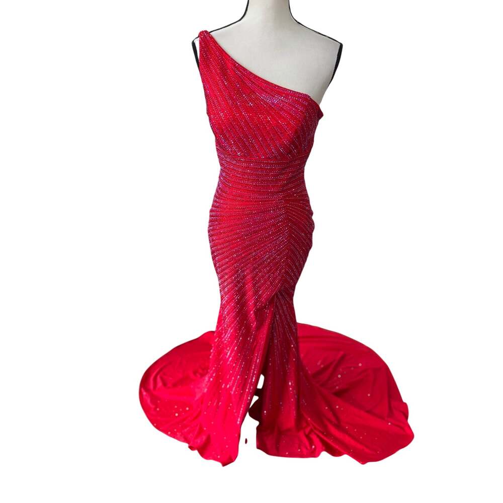 Sherri Hill Red Blue Crystal Embellished One Shoulder Mermaid Train Ball Gown